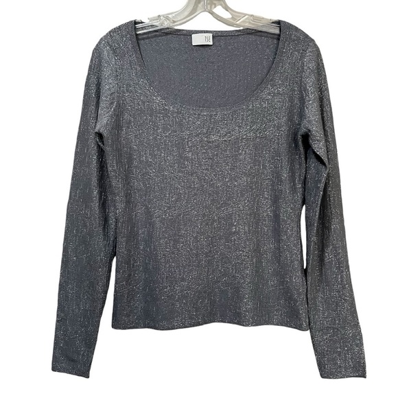 TSE Medium Cashmere Blend Silver Metallic Long Sleeve Scoop Neck Blouse Y7 - Picture 1 of 4